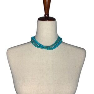 Vintage Triple Strand Blue Beaded Necklace Graduated Multi-Size Statement Boho